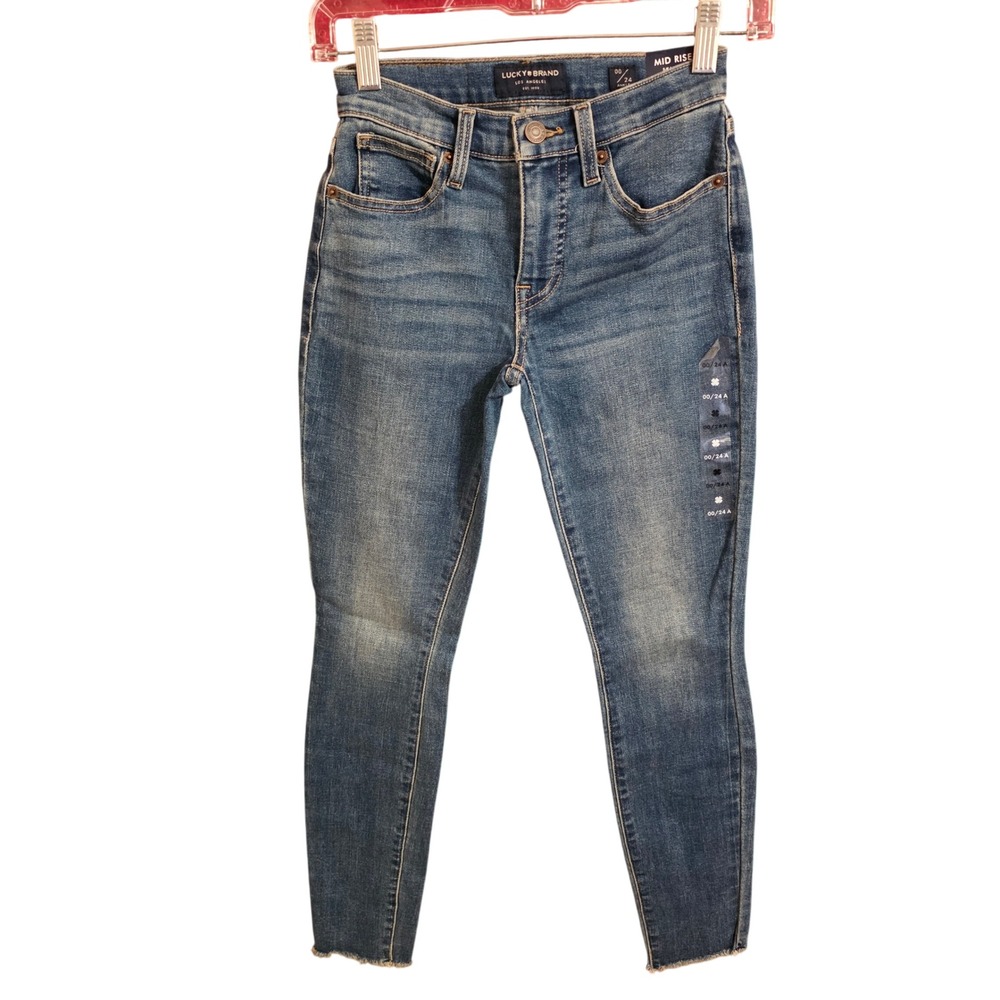 Lucky Brand Ava Mid Rise Skinny Jeans Womens 00/24A Blue Denim Ankle Raw Hem NEW